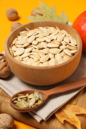Concept of Autumn vibe food, Pumpkin, Pumpkin seeds