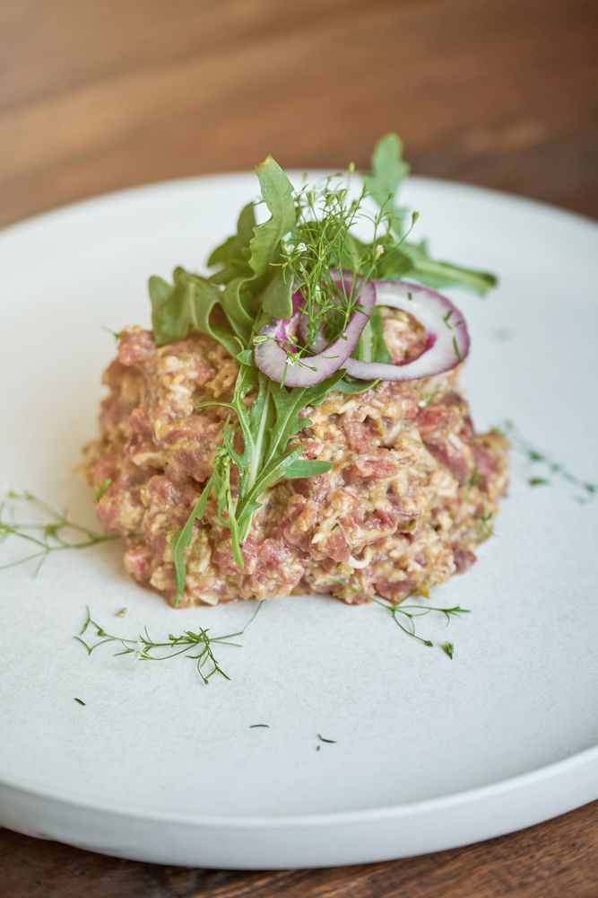 Delicious steak tartar with greenery on plate