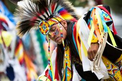 Red Wing, MN, USA - July 8th, 2017: Sioux man in colorful traditional dress