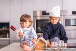 Two kids sitting on kitchen counter making gingerbread house 48Xek4