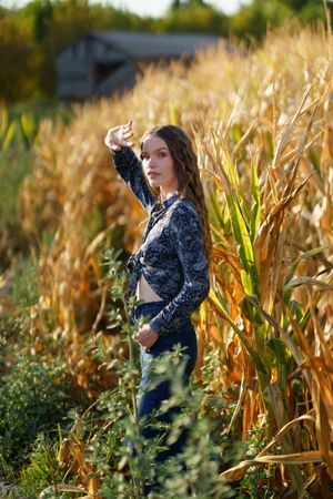 A Woman is Posing Beautifully in a Vibrant Cornfield During the Enchanting Golden Hour