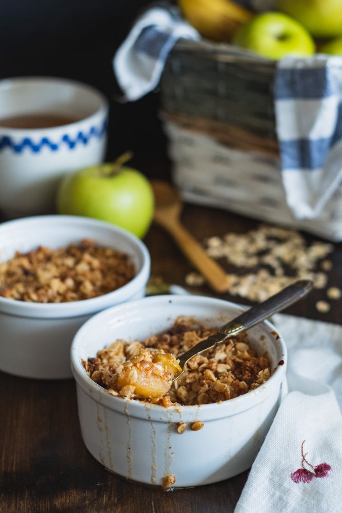 Apple crumble on a wooden table