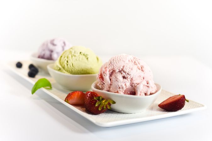 Row of three delicious and different ice cream scoops