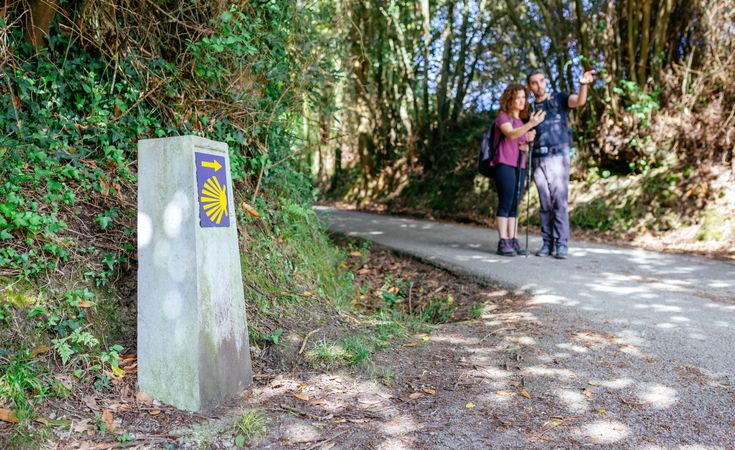 Signpost of Saint James way with pilgrims pointing