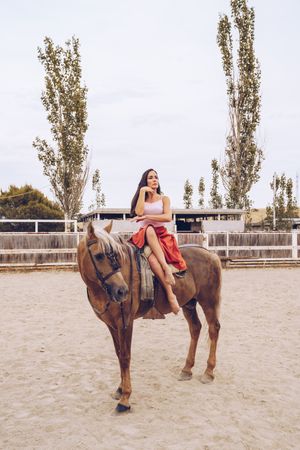 Graceful rider sitting at harnessed horse walking along paddock