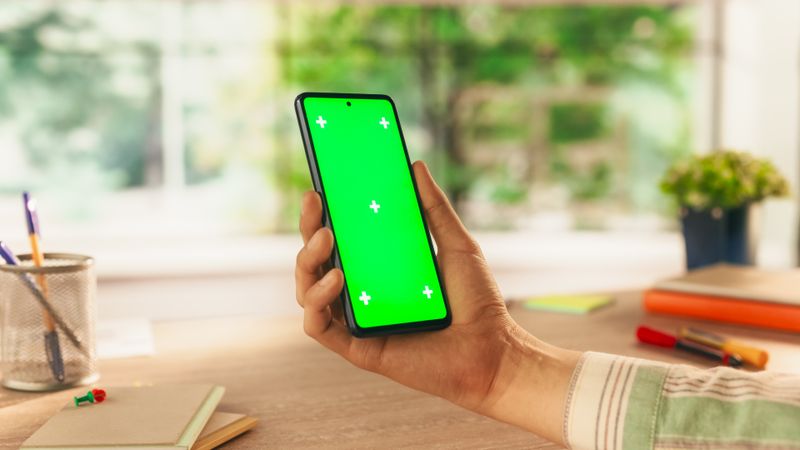 Creative Worker Checking a Social Network Post on Smartphone with Mock Up Green Screen Chromakey Display. Photo Template with Placeholder for Business Advertising and Motivational Content
