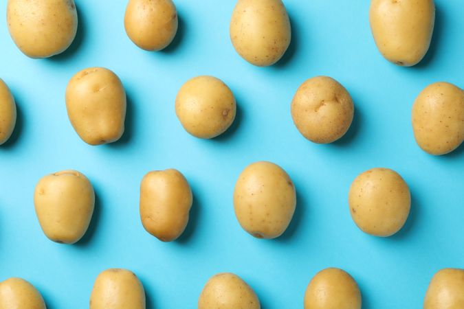 Row of potatoes on blue background