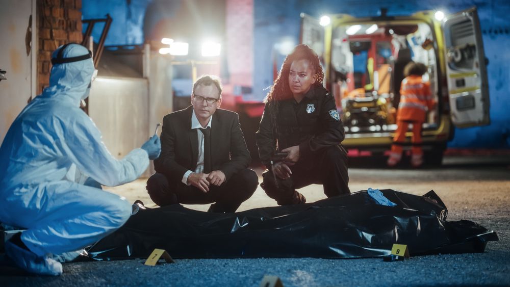 Night Scene From Detective Movie: Investigators Asking to be Shown a Bullet Shell from the Marked Evidence.