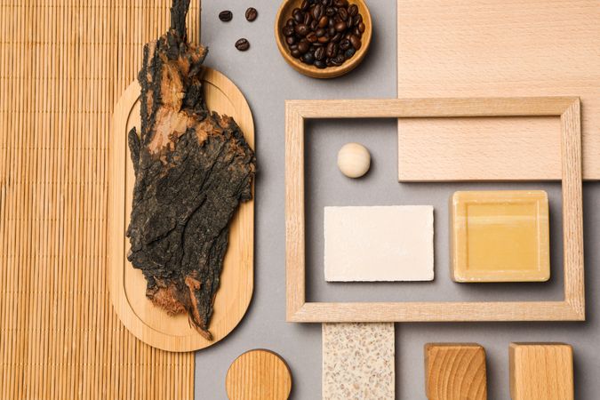 Flat lay of creative moodboard composition, top view