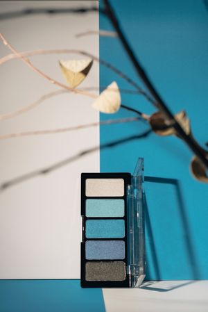 soft blue eyeshadow palette on geometric background.
