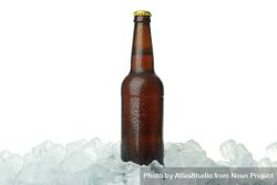 Brown glass bottle on pile of ice on blank background bx1MB0