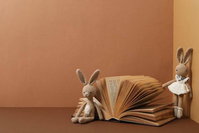 A children's book with toys on a beige background.