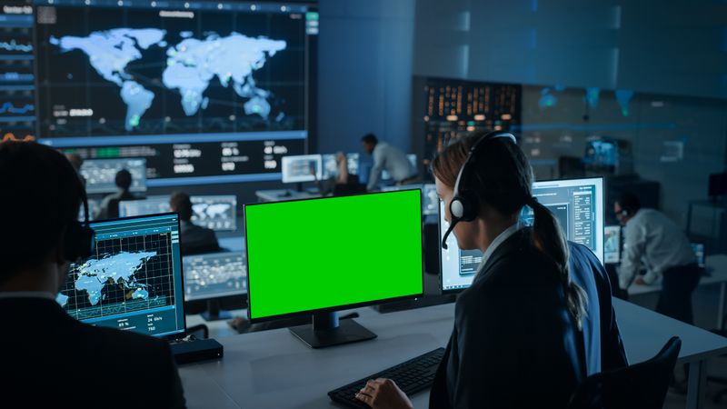 Global Command Center With Analysts Monitoring Worldwide Data. Large Screens Display World Maps and Statistics.