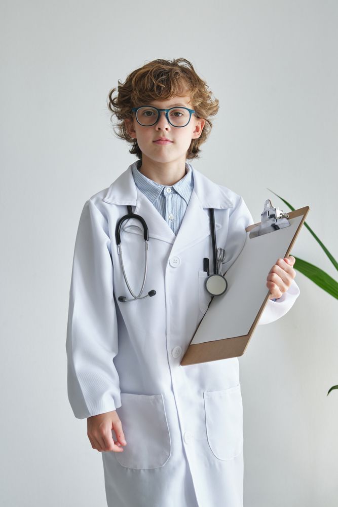 Boy in medical uniform with paper on clipboard