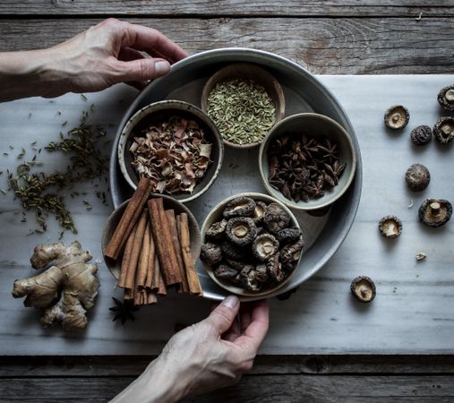 Spices and dry mushrooms on board