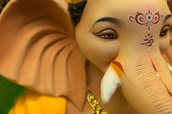 A beautiful idol of Lord Ganpati on display at a workshop in Mumbai, India for the festival of Ganesh Chaturthi