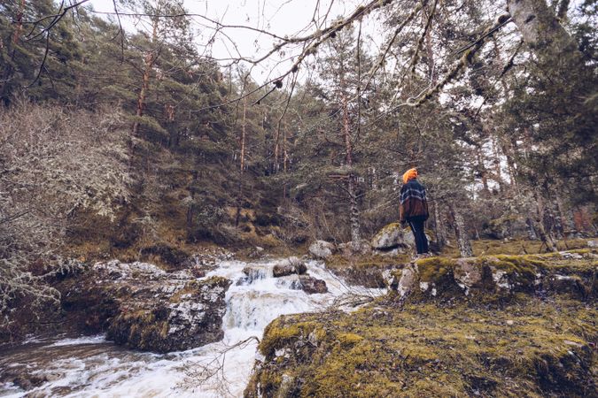 Woman gazing at fast mountain river in forest