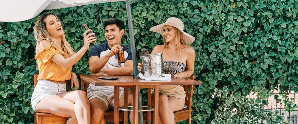 a group of young people cheers with beer in a summer day