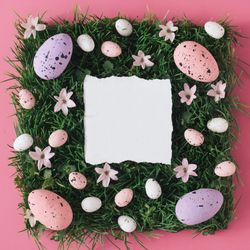 Pink and purple Easter eggs and natural grass and flowers with paper card
