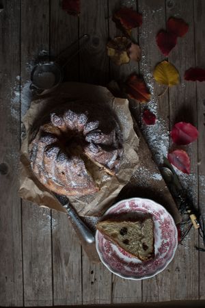 Autumn leaves near yummy Kugelhopf