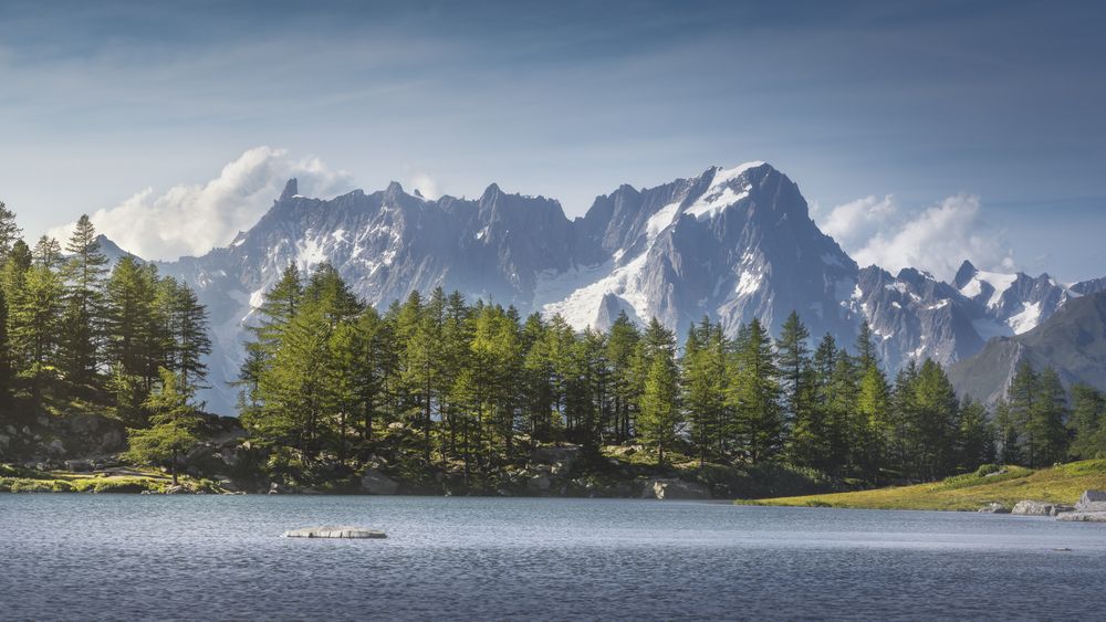The Arpy Lake and the Mont Blanc massif in the background, Aosta Valley, Italy