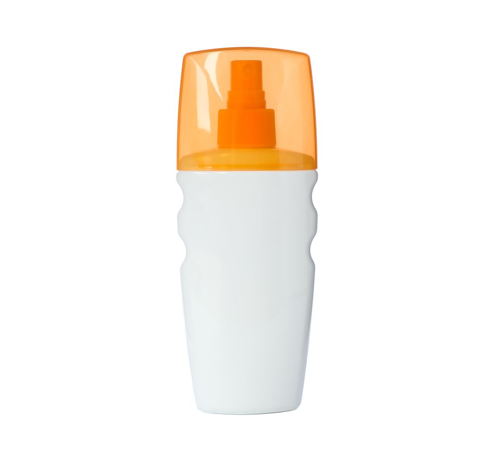 Sunscreen spray isolated on blank background. Summer vacation accessories