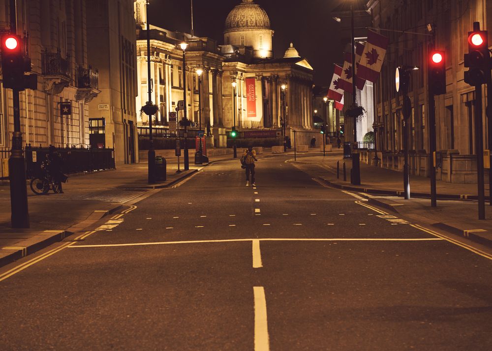 London, England, United Kingdom - March 16, 2021: Empty street leading to the National Gallery