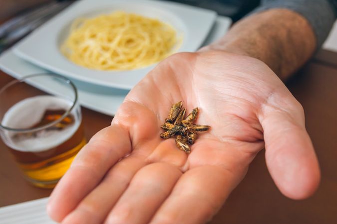 Man showing a handful of crickets