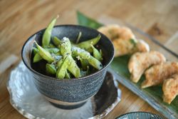 Edamame beans with fried jiaozi