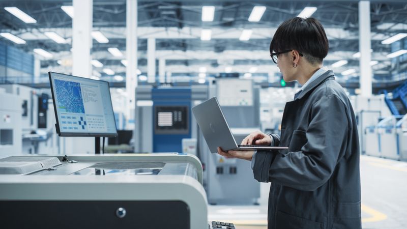 Side view of Asian man working with laptop