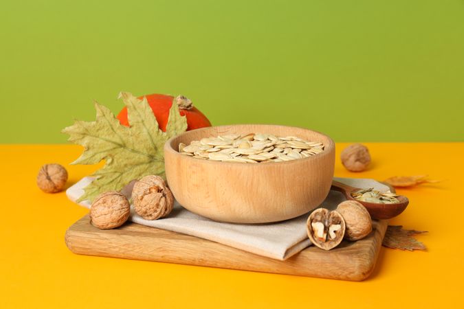 Concept of Autumn vibe food, Pumpkin, Pumpkin seeds