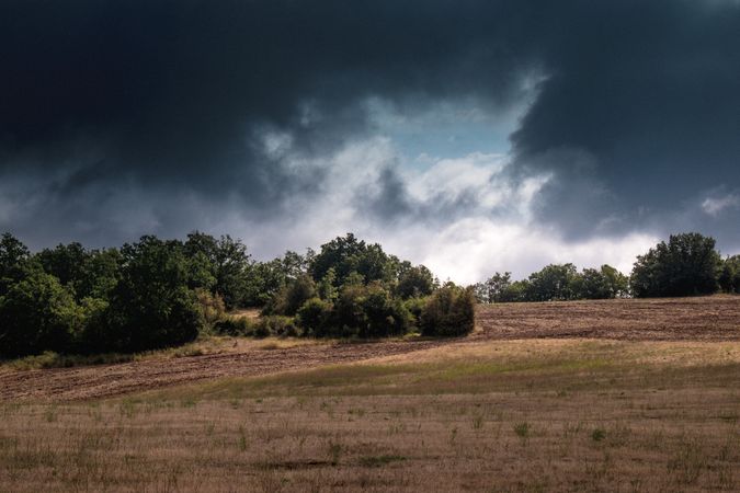 Grey clouds descend over a field and green bushes