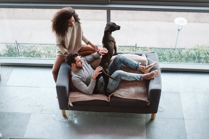 Multiethnic couple with dog on couch