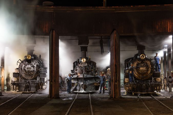 Historic steam locomotives in roundhouse in Durango, Colorado