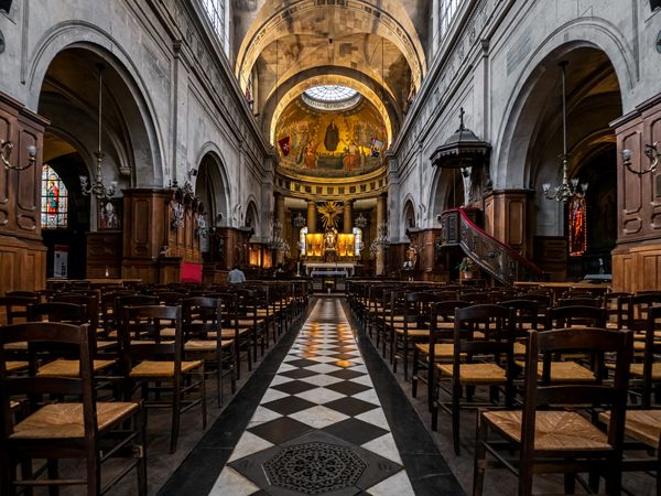 Majestic church interior in Paris. Medieval art and architecture.