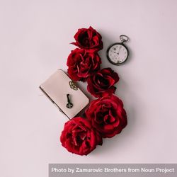 Red roses with book, key and watch 41jwgb