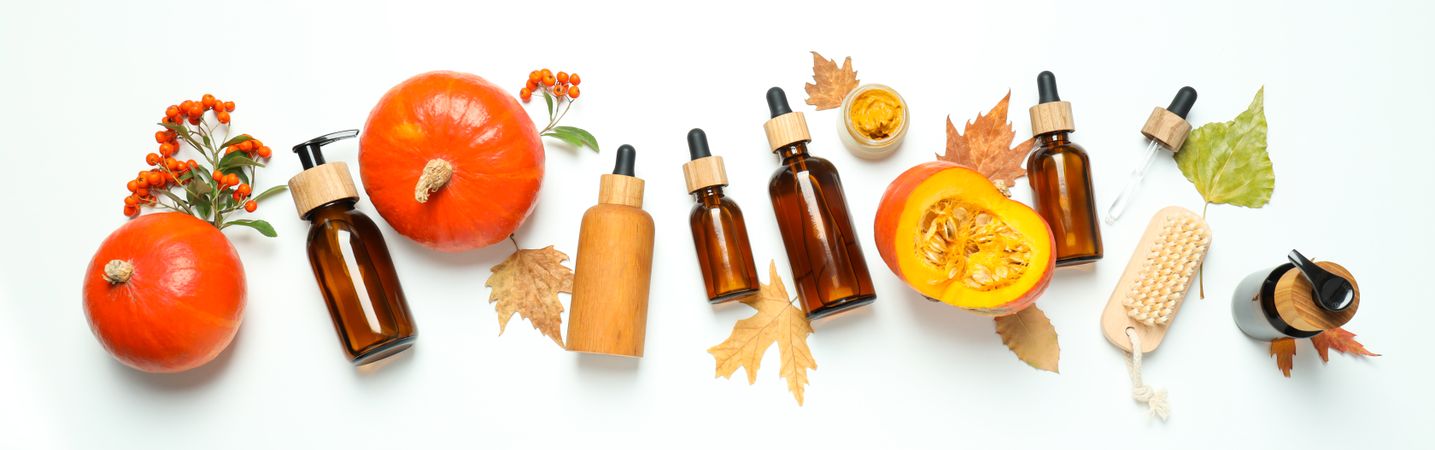 Concept of different cosmetic products, Pumpkin cosmetics, top view