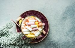 Top view of marshmallow hot chocolate with fir