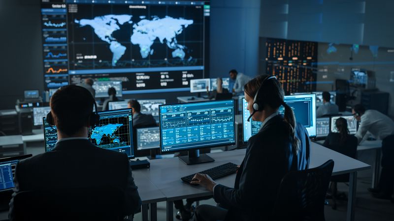 Cybersecurity Experts Monitor Global Network Activity in High-tech Operations Center.