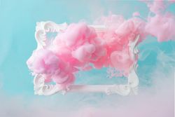 Cloud-like pink color paint with picture frame on blue background