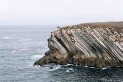 Rocky formations in the island of Baleal on the Atlantic coast in a foggy day. Peniche, Portugal