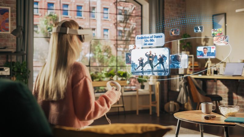Woman Sitting in Loft Living Room at Home, Using Virtual Reality Headset