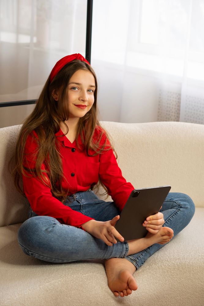 Portrait of smiling teen girl holding tablet on sofa.