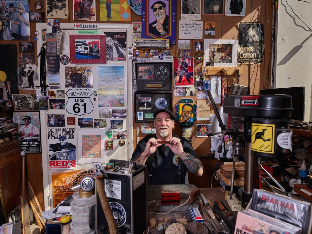 Owner inside Deak's Mississippi Saxophone & Blues Emporium, Clarksdale, Mississippi