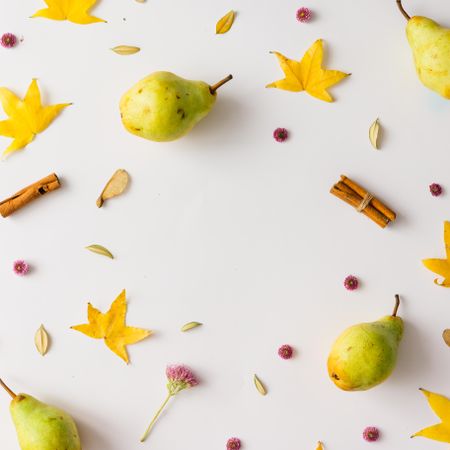 Colorful autumn pattern made of pears, leaves and flowers