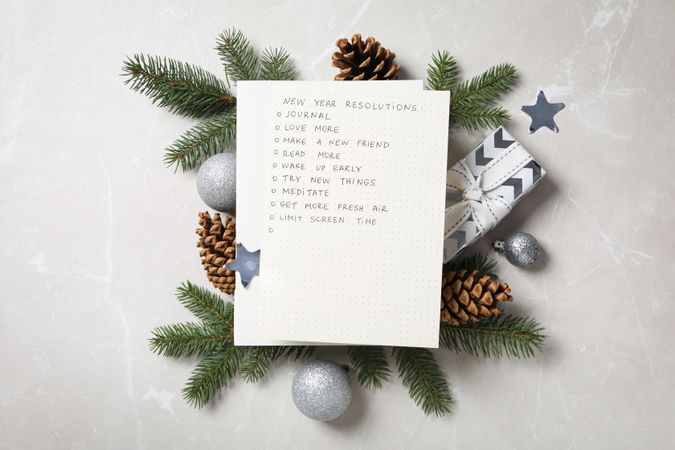 Concept of New Year Resolutions list, new year goals, top view