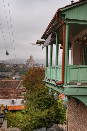 Old Tbilisi architecture in misty autumnal day