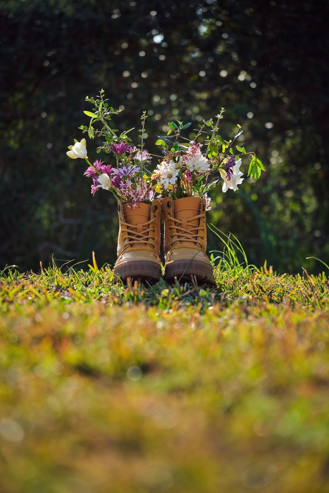 Pair of boots with wildflowers on meadow
