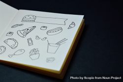 Open sketchbook with food drawings 0VyZ3b