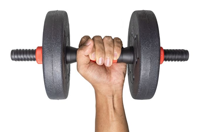 male hand holding dumbbell